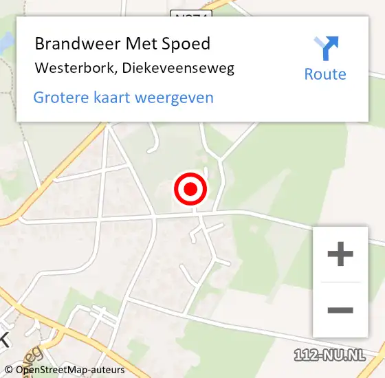 Locatie op kaart van de 112 melding: Brandweer Met Spoed Naar Westerbork, Diekeveenseweg op 12 augustus 2024 20:47