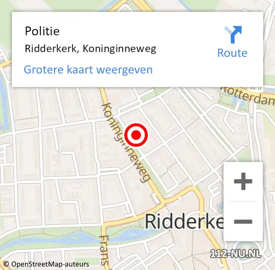 Locatie op kaart van de 112 melding: Politie Ridderkerk, Koninginneweg op 12 augustus 2024 22:16