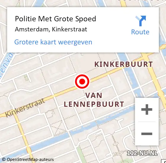 Locatie op kaart van de 112 melding: Politie Met Grote Spoed Naar Amsterdam, Kinkerstraat op 12 augustus 2024 22:37