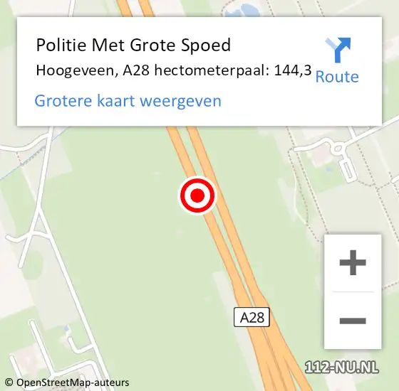 Locatie op kaart van de 112 melding: Politie Met Grote Spoed Naar Hoogeveen, A28 hectometerpaal: 144,3 op 13 augustus 2024 00:10