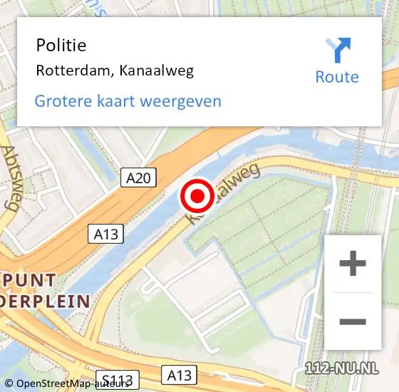 Locatie op kaart van de 112 melding: Politie Rotterdam, Kanaalweg op 13 augustus 2024 00:45