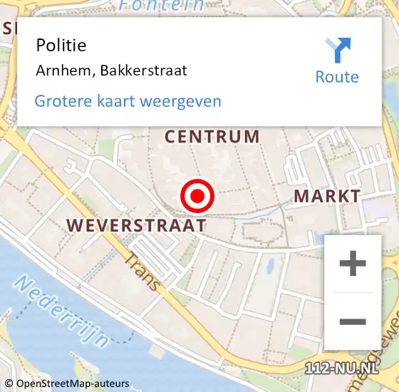 Locatie op kaart van de 112 melding: Politie Arnhem, Bakkerstraat op 13 augustus 2024 04:11