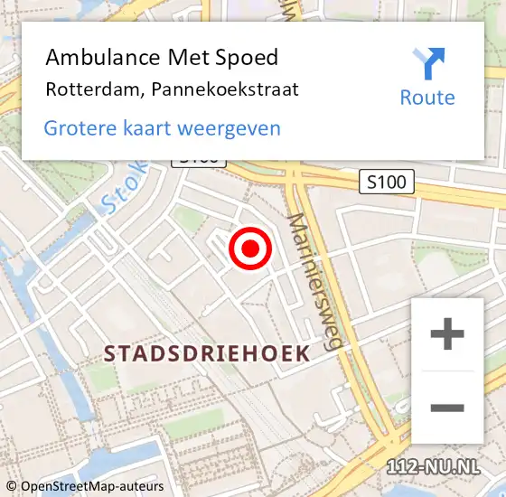 Locatie op kaart van de 112 melding: Ambulance Met Spoed Naar Rotterdam, Pannekoekstraat op 13 augustus 2024 06:54