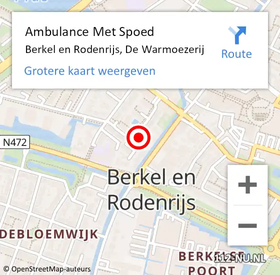 Locatie op kaart van de 112 melding: Ambulance Met Spoed Naar Berkel en Rodenrijs, De Warmoezerij op 13 augustus 2024 07:14