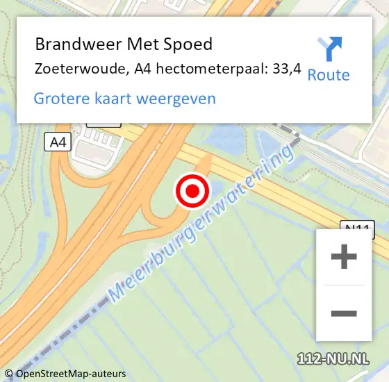 Locatie op kaart van de 112 melding: Brandweer Met Spoed Naar Zoeterwoude, A4 hectometerpaal: 33,4 op 13 augustus 2024 07:42