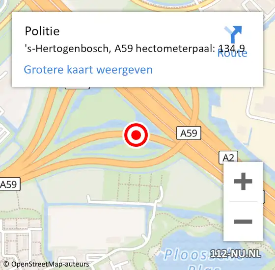 Locatie op kaart van de 112 melding: Politie 's-Hertogenbosch, A59 hectometerpaal: 134,9 op 13 augustus 2024 07:48