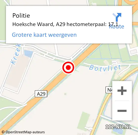 Locatie op kaart van de 112 melding: Politie Hoeksche Waard, A29 hectometerpaal: 17,1 op 13 augustus 2024 07:57