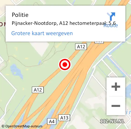 Locatie op kaart van de 112 melding: Politie Pijnacker-Nootdorp, A12 hectometerpaal: 5,6 op 13 augustus 2024 10:06