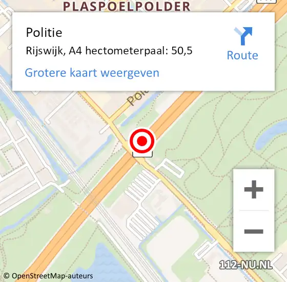 Locatie op kaart van de 112 melding: Politie Rijswijk, A4 hectometerpaal: 50,5 op 13 augustus 2024 10:42