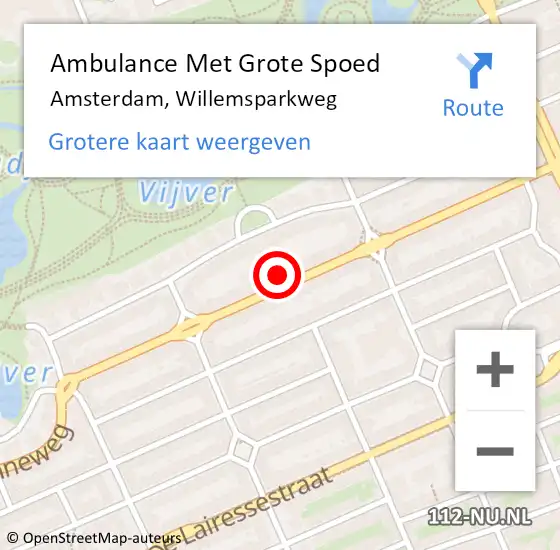 Locatie op kaart van de 112 melding: Ambulance Met Grote Spoed Naar Amsterdam, Willemsparkweg op 13 augustus 2024 12:27