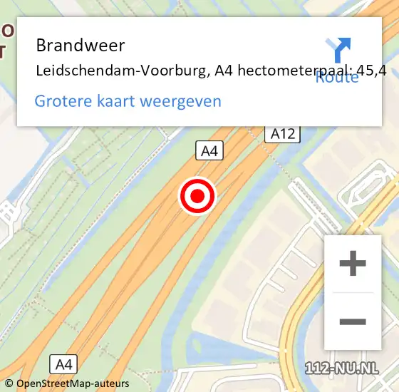 Locatie op kaart van de 112 melding: Brandweer Leidschendam-Voorburg, A4 hectometerpaal: 45,4 op 13 augustus 2024 12:32