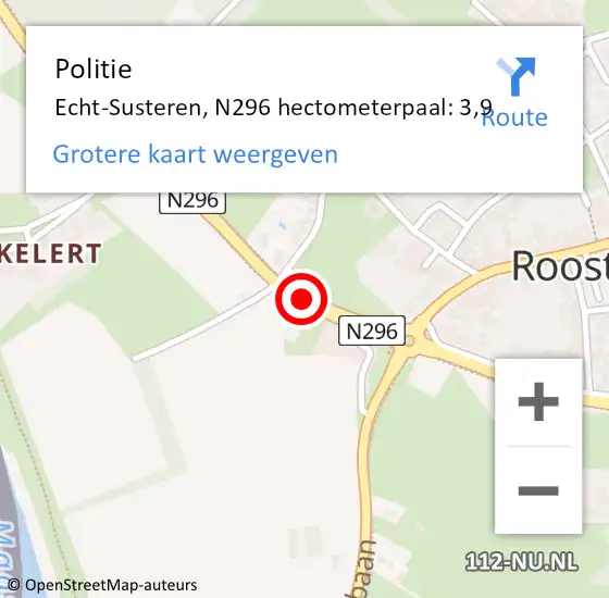 Locatie op kaart van de 112 melding: Politie Echt-Susteren, N296 hectometerpaal: 3,9 op 13 augustus 2024 12:56