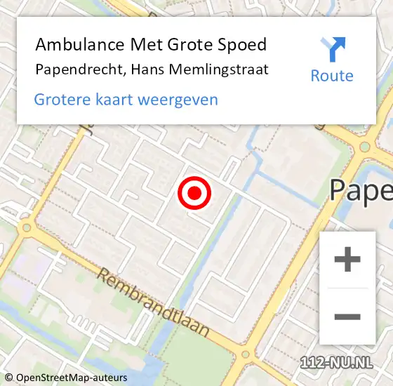 Locatie op kaart van de 112 melding: Ambulance Met Grote Spoed Naar Papendrecht, Hans Memlingstraat op 13 augustus 2024 12:56