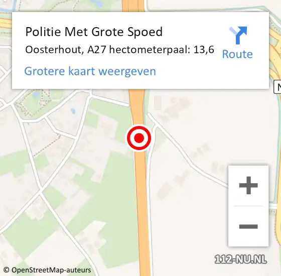 Locatie op kaart van de 112 melding: Politie Met Grote Spoed Naar Oosterhout, A27 hectometerpaal: 13,6 op 13 augustus 2024 15:19