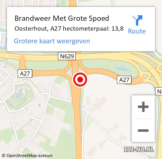 Locatie op kaart van de 112 melding: Brandweer Met Grote Spoed Naar Oosterhout, A27 hectometerpaal: 13,8 op 13 augustus 2024 15:20