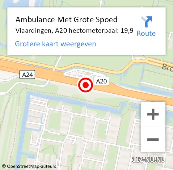 Locatie op kaart van de 112 melding: Ambulance Met Grote Spoed Naar Vlaardingen, A20 hectometerpaal: 19,9 op 13 augustus 2024 15:39