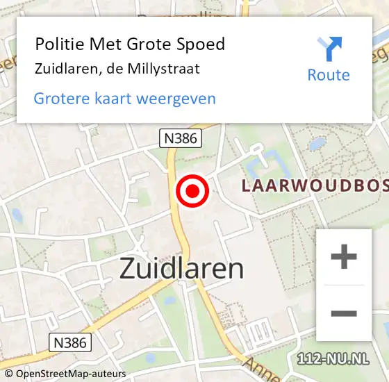 Locatie op kaart van de 112 melding: Politie Met Grote Spoed Naar Zuidlaren, de Millystraat op 13 augustus 2024 15:42