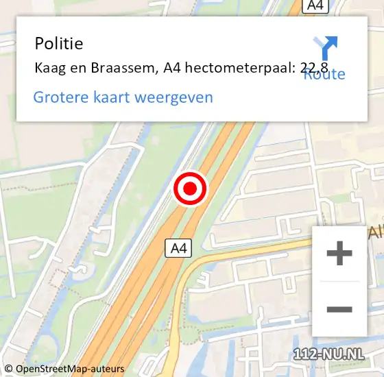 Locatie op kaart van de 112 melding: Politie Kaag en Braassem, A4 hectometerpaal: 22,8 op 13 augustus 2024 15:44