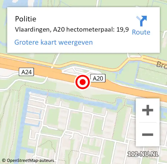 Locatie op kaart van de 112 melding: Politie Vlaardingen, A20 hectometerpaal: 19,9 op 13 augustus 2024 15:45