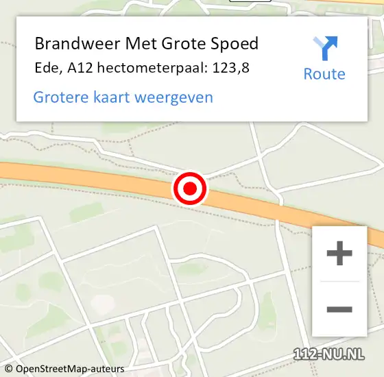 Locatie op kaart van de 112 melding: Brandweer Met Grote Spoed Naar Ede, A12 hectometerpaal: 123,8 op 13 augustus 2024 16:11