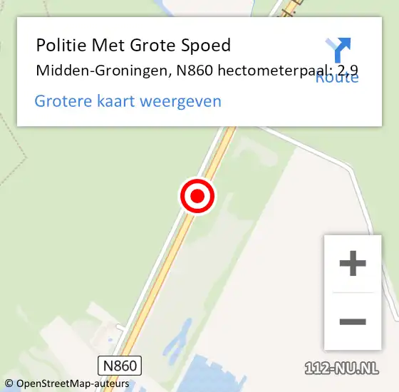 Locatie op kaart van de 112 melding: Politie Met Grote Spoed Naar Midden-Groningen, N860 hectometerpaal: 2,9 op 13 augustus 2024 16:22