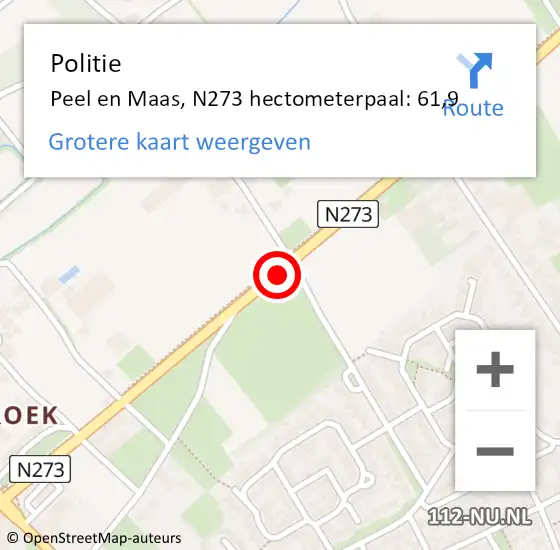 Locatie op kaart van de 112 melding: Politie Peel en Maas, N273 hectometerpaal: 61,9 op 13 augustus 2024 16:25