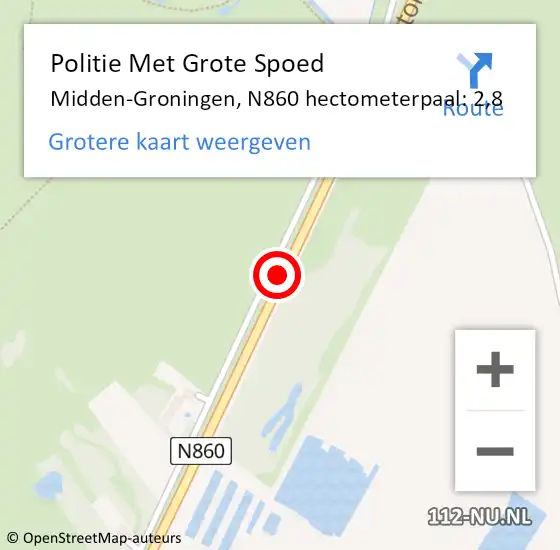 Locatie op kaart van de 112 melding: Politie Met Grote Spoed Naar Midden-Groningen, N860 hectometerpaal: 2,8 op 13 augustus 2024 16:45