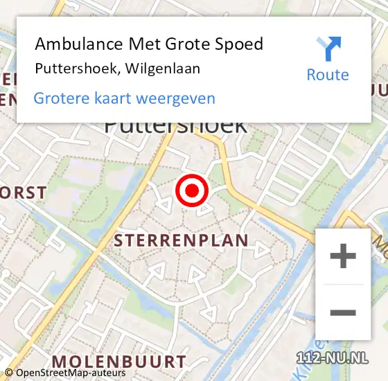 Locatie op kaart van de 112 melding: Ambulance Met Grote Spoed Naar Puttershoek, Wilgenlaan op 13 augustus 2024 16:59