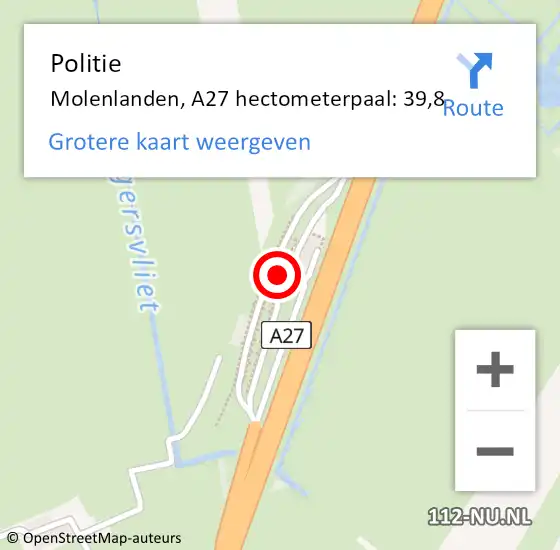 Locatie op kaart van de 112 melding: Politie Molenlanden, A27 hectometerpaal: 39,8 op 13 augustus 2024 18:09