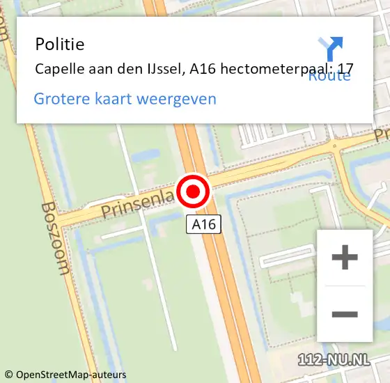 Locatie op kaart van de 112 melding: Politie Capelle aan den IJssel, A16 hectometerpaal: 17 op 13 augustus 2024 18:53