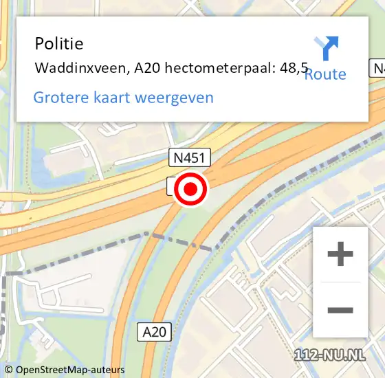 Locatie op kaart van de 112 melding: Politie Waddinxveen, A20 hectometerpaal: 48,5 op 13 augustus 2024 19:37