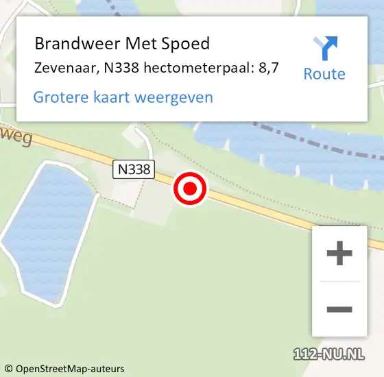 Locatie op kaart van de 112 melding: Brandweer Met Spoed Naar Zevenaar, N338 hectometerpaal: 8,7 op 13 augustus 2024 20:07