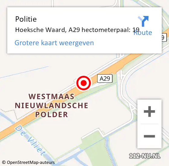 Locatie op kaart van de 112 melding: Politie Hoeksche Waard, A29 hectometerpaal: 19 op 13 augustus 2024 20:24