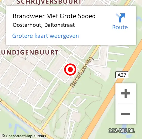 Locatie op kaart van de 112 melding: Brandweer Met Grote Spoed Naar Oosterhout, Daltonstraat op 13 augustus 2024 20:55