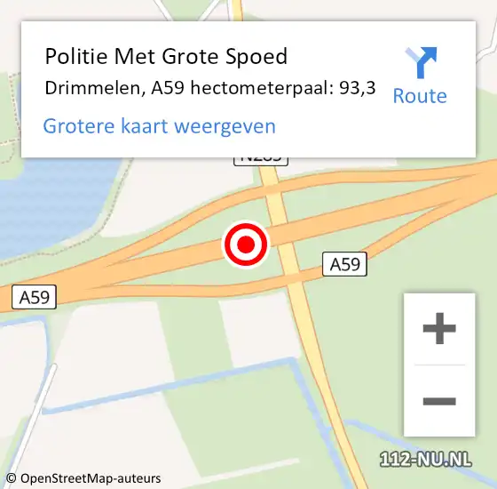 Locatie op kaart van de 112 melding: Politie Met Grote Spoed Naar Drimmelen, A59 hectometerpaal: 93,3 op 13 augustus 2024 21:57