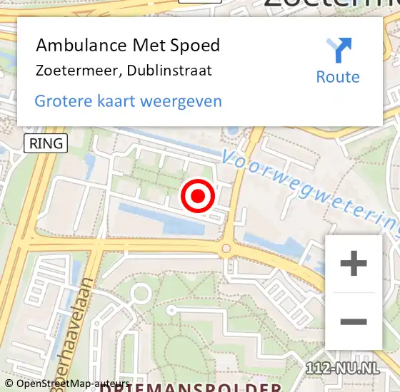 Locatie op kaart van de 112 melding: Ambulance Met Spoed Naar Zoetermeer, Dublinstraat op 13 augustus 2024 22:23