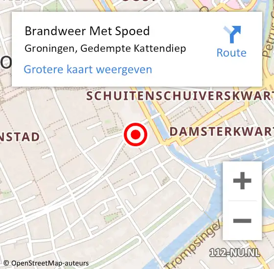 Locatie op kaart van de 112 melding: Brandweer Met Spoed Naar Groningen, Gedempte Kattendiep op 13 augustus 2024 22:43