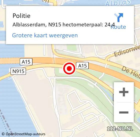 Locatie op kaart van de 112 melding: Politie Alblasserdam, N915 hectometerpaal: 24,4 op 13 augustus 2024 22:51