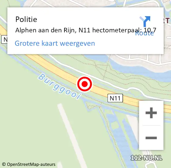 Locatie op kaart van de 112 melding: Politie Alphen aan den Rijn, N11 hectometerpaal: 10,7 op 13 augustus 2024 22:53