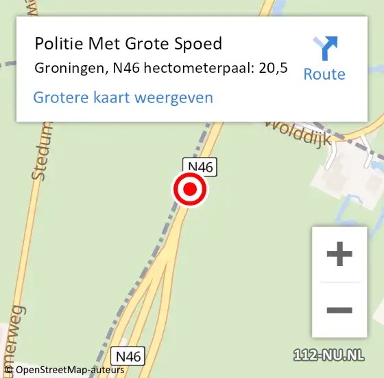 Locatie op kaart van de 112 melding: Politie Met Grote Spoed Naar Groningen, N46 hectometerpaal: 20,5 op 13 augustus 2024 23:09