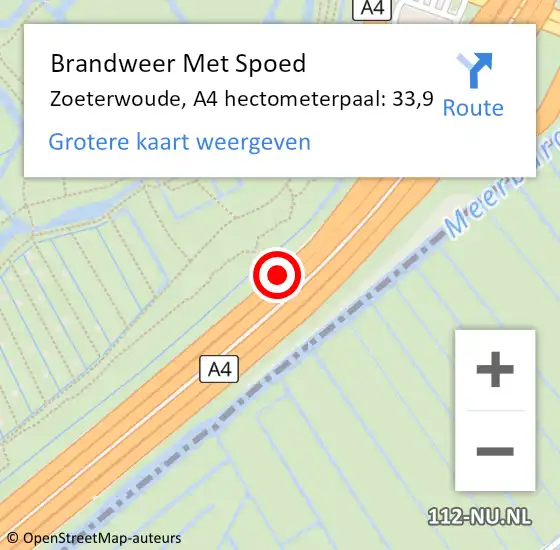 Locatie op kaart van de 112 melding: Brandweer Met Spoed Naar Zoeterwoude, A4 hectometerpaal: 33,9 op 13 augustus 2024 23:10