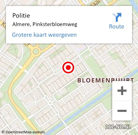 Locatie op kaart van de 112 melding: Politie Almere, Pinksterbloemweg op 14 augustus 2024 00:57