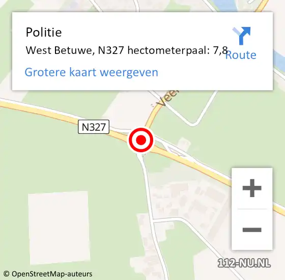 Locatie op kaart van de 112 melding: Politie West Betuwe, N327 hectometerpaal: 7,8 op 14 augustus 2024 01:51