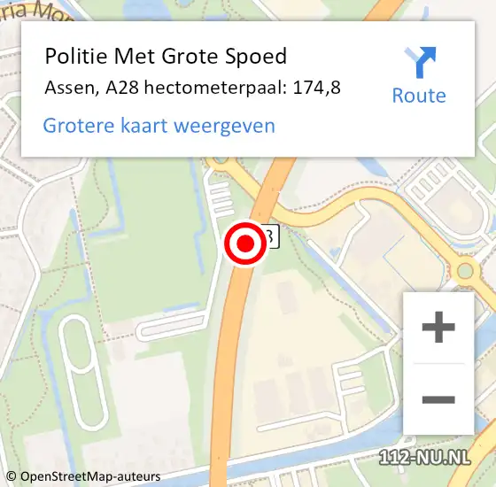 Locatie op kaart van de 112 melding: Politie Met Grote Spoed Naar Assen, A28 hectometerpaal: 174,8 op 14 augustus 2024 06:13