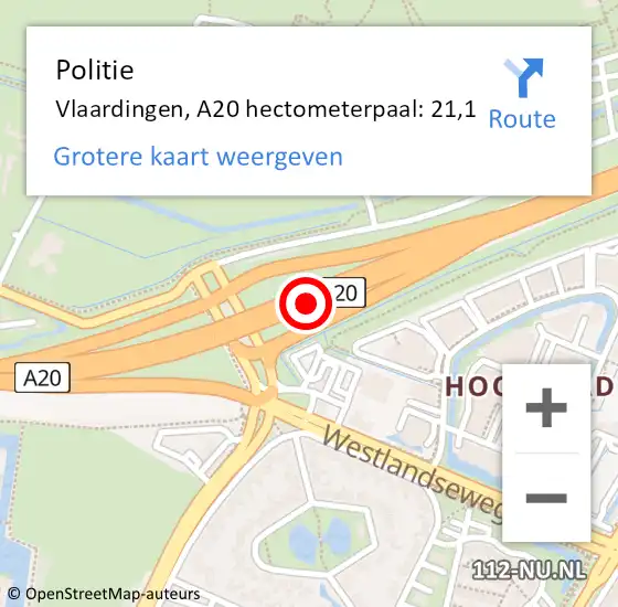 Locatie op kaart van de 112 melding: Politie Vlaardingen, A20 hectometerpaal: 21,1 op 14 augustus 2024 06:15