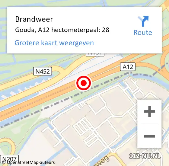 Locatie op kaart van de 112 melding: Brandweer Gouda, A12 hectometerpaal: 28 op 14 augustus 2024 07:06