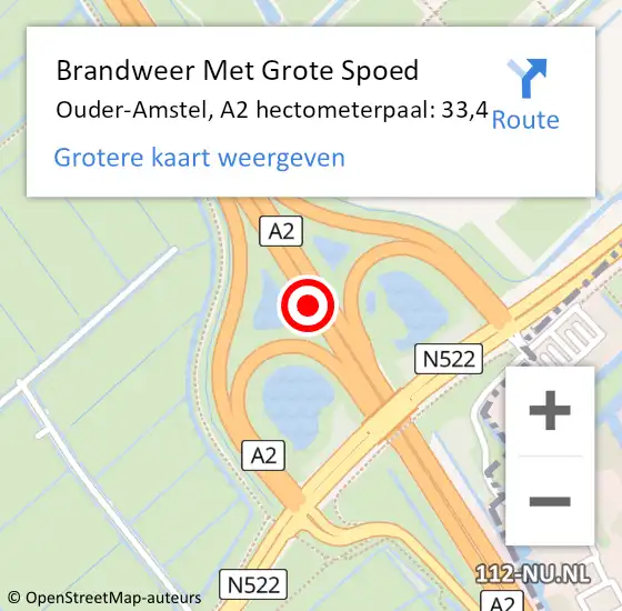 Locatie op kaart van de 112 melding: Brandweer Met Grote Spoed Naar Ouder-Amstel, A2 hectometerpaal: 33,4 op 14 augustus 2024 08:44