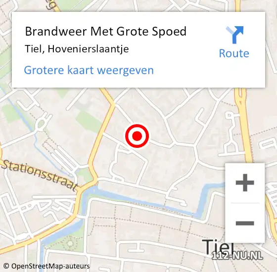 Locatie op kaart van de 112 melding: Brandweer Met Grote Spoed Naar Tiel, Hovenierslaantje op 14 augustus 2024 09:50