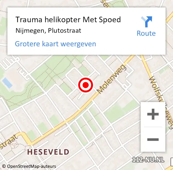 Locatie op kaart van de 112 melding: Trauma helikopter Met Spoed Naar Nijmegen, Plutostraat op 14 augustus 2024 10:15