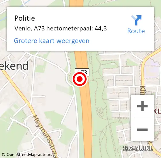 Locatie op kaart van de 112 melding: Politie Venlo, A73 hectometerpaal: 44,3 op 14 augustus 2024 14:04